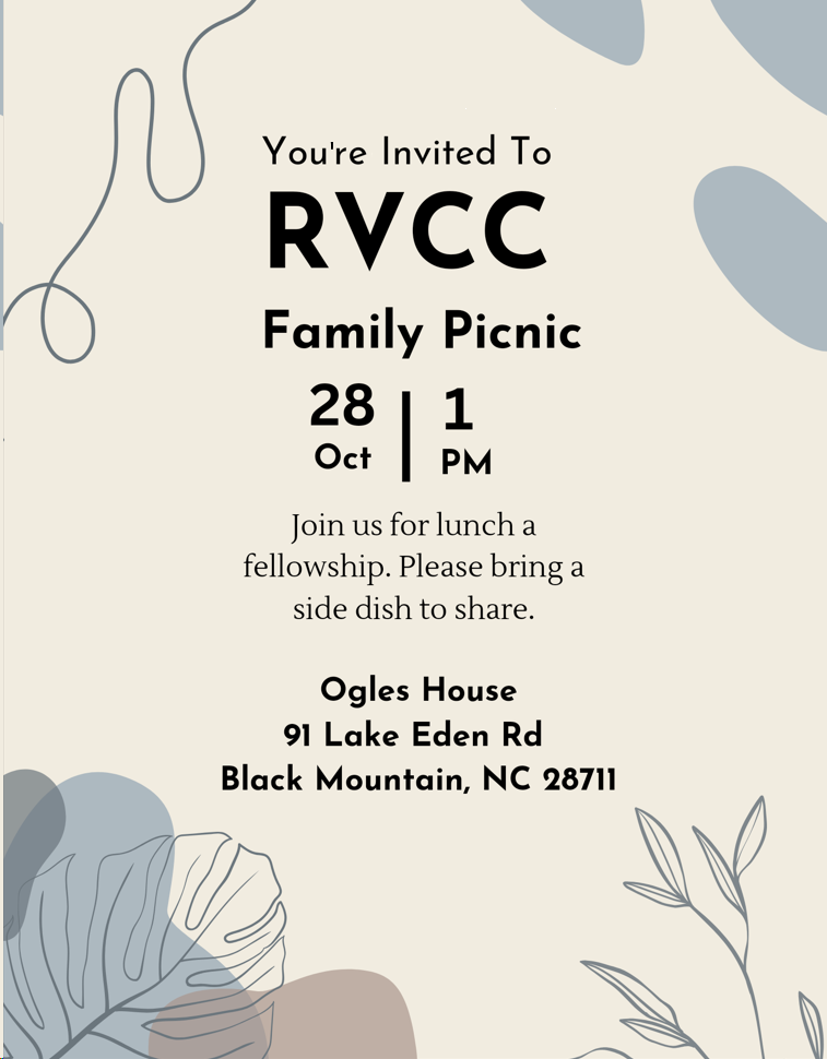 Church Picnic on October 28, 2023 at 1:00PM at 91 Lake Eden Rd, Black Mountain, NC, 28711